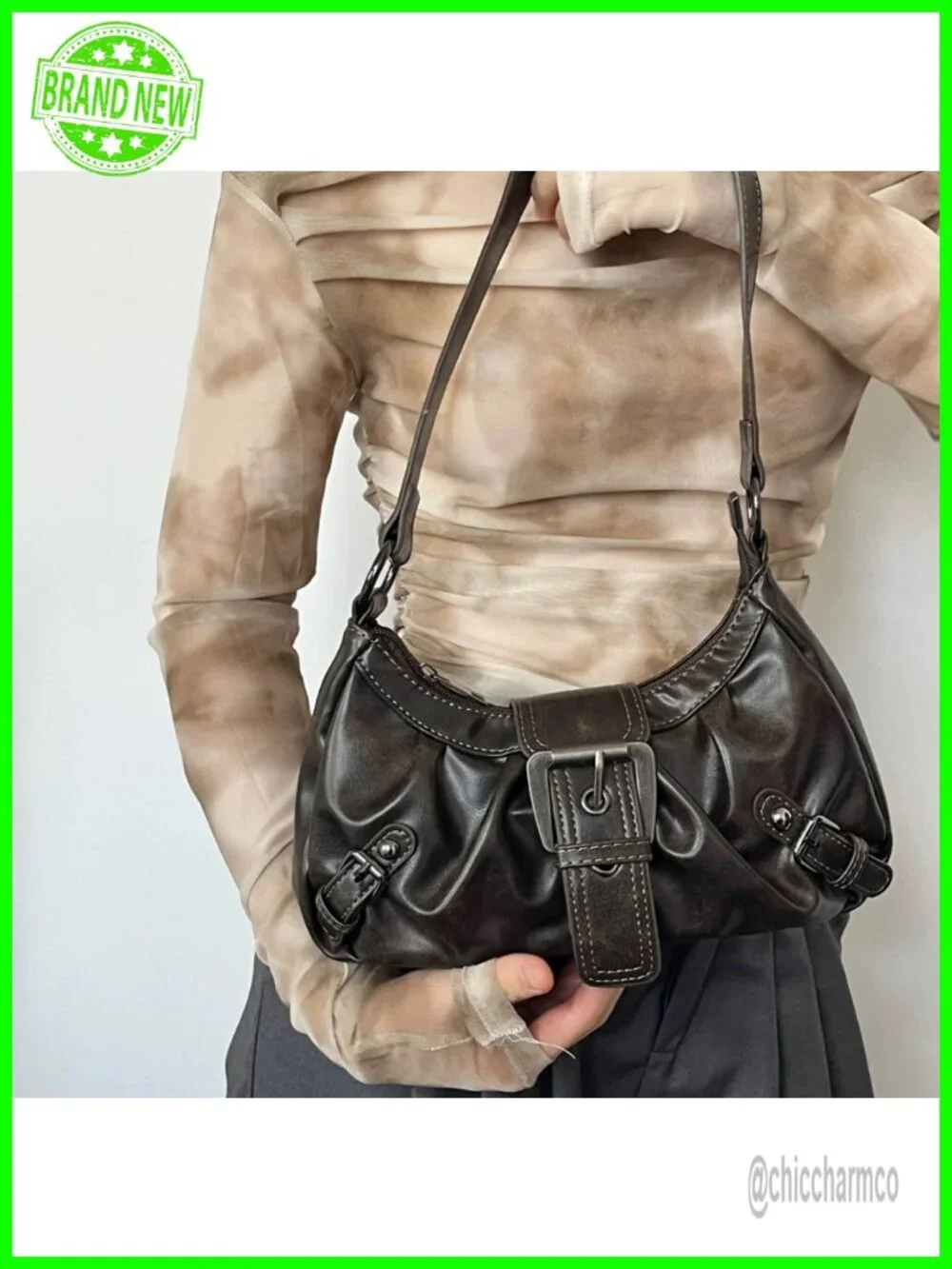 Y2K Faux Leather Hobo Shoulder Bag Metal Buckle Small Punk Purse